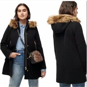J Crew Black Italian Wool Coat with Fur Trim Hood